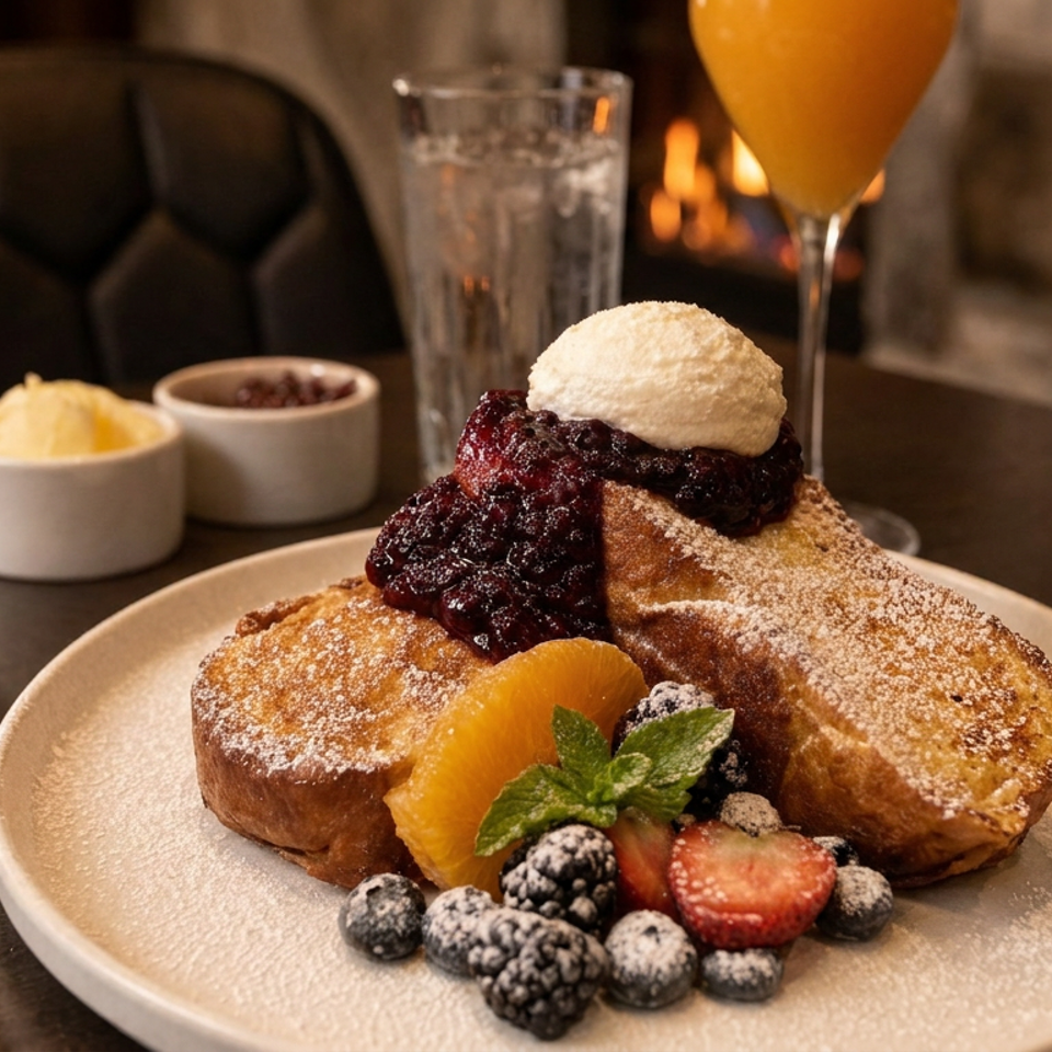 Powdered French toast topped with berries and whipped cream, served with citrus, mint, and an orange cocktail by a fireplace.