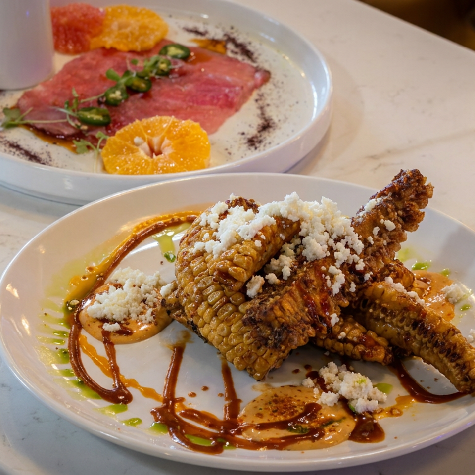 Gourmet dishes of roasted corn with crumbly cheese and sliced meat with citrus garnish on a marble restaurant table.