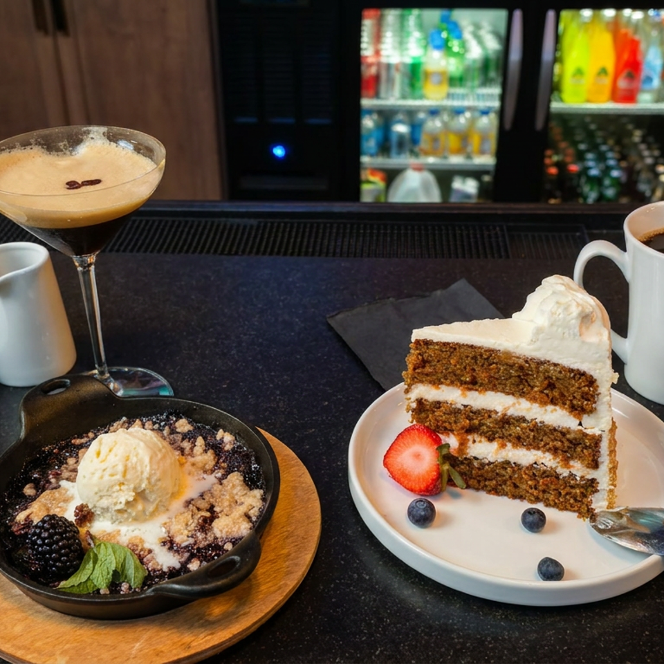 Desserts and coffee sit on a bar, including layered cake with berries, berry crumble with ice cream, and espresso martinis.