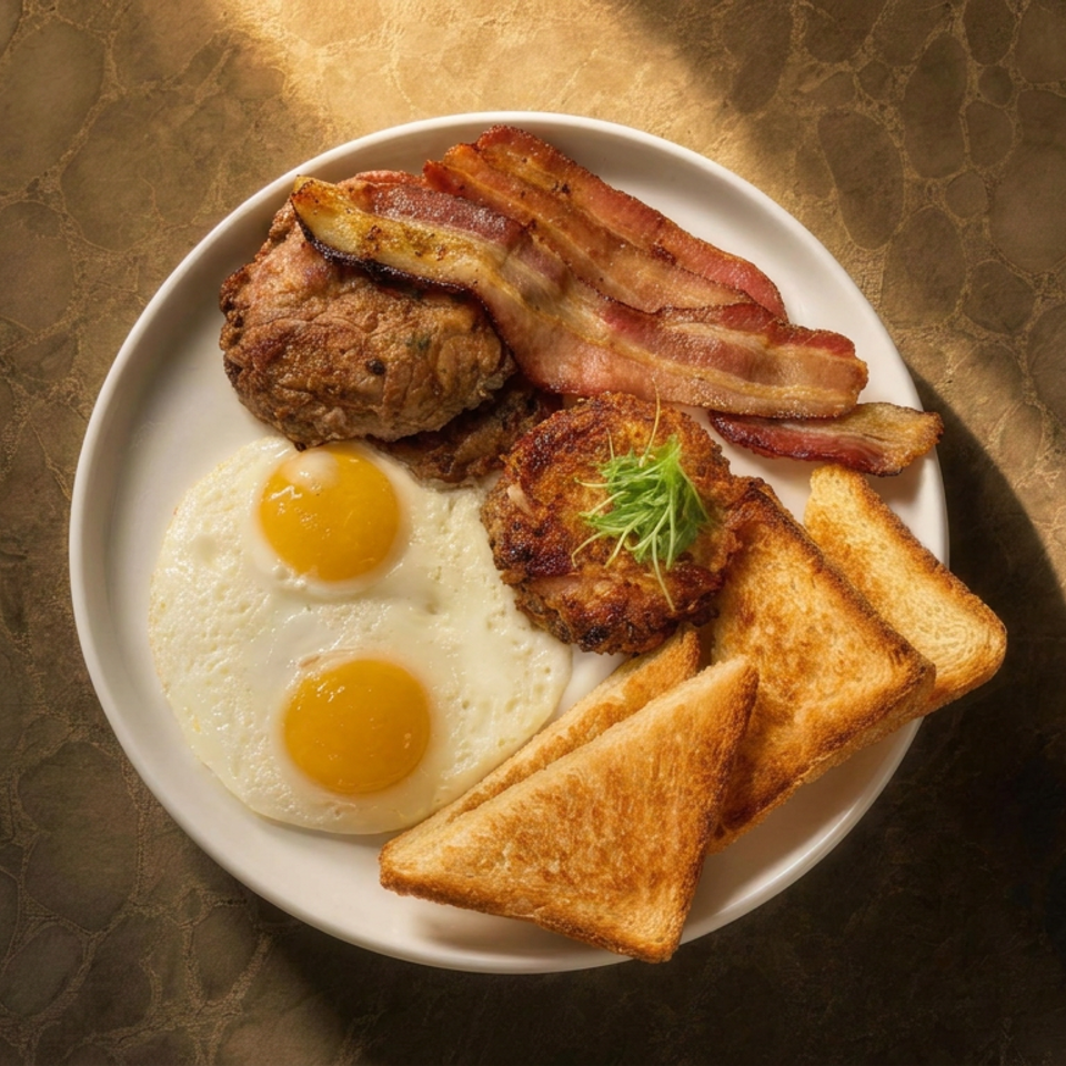 Plate of bacon, sausage patties, fried eggs, hash brown, and toasted bread on a rustic tabletop.