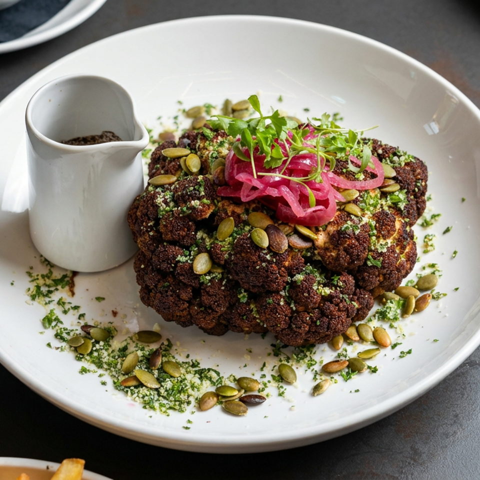 Roasted cauliflower head topped with pickled onions, herbs, and pumpkin seeds, served with sauce on a white plate.
